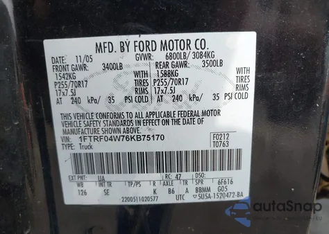 2006 Ford F-150 Stx/Xlt from USA, damaged, VIN 1FTRF04W76KB75170